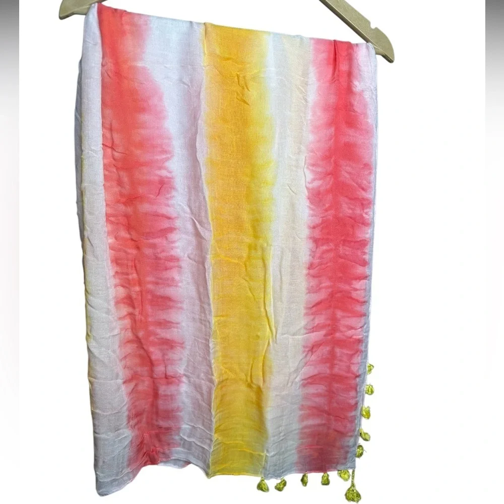Rebecca Minkoff | Pink Yellow Tie-Dye Tassel Scarf | Lightweight Boho | One Size